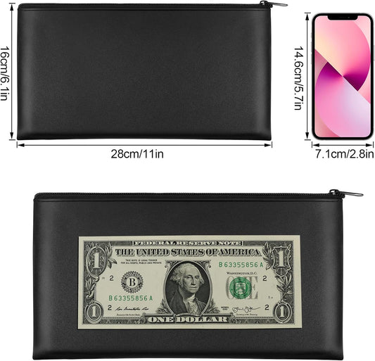 2 Pieces Money Bags with Zipper, 11x6.1 inch Pouch, Bank Bag, Cash Check Wallet, Cosmetics Black V1259-DP01-A-4651