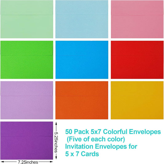 50 Pack Colored Envelope, 5x7 Envelopes, A7 Envelopes for Invitations, Printable Invitation Envelope V1259-DP01-A-4667