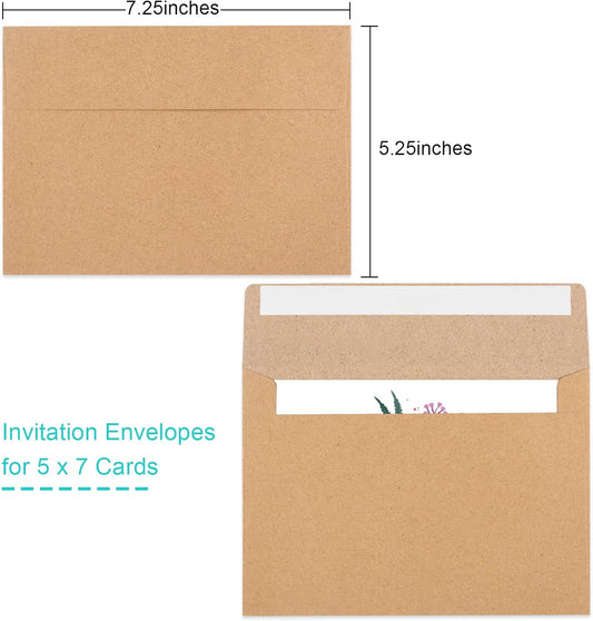 50 Pack Brown Kraft Envelopes, 5x7 Envelopes for Invitations, A7 Invitation Personalize Gift Cards, Wedding, V1259-DP01-A-4668