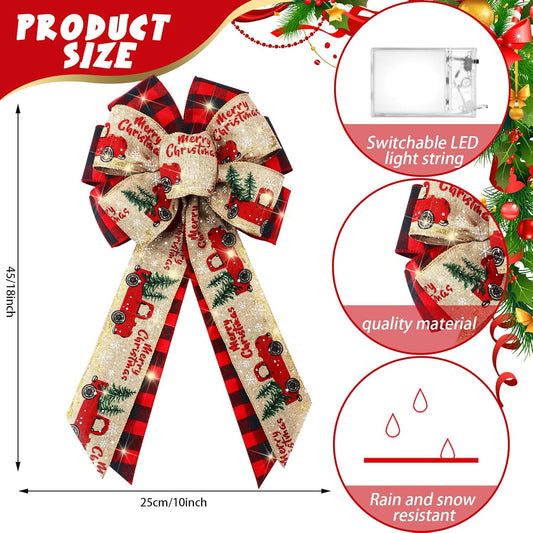 4 Pcs 10 x 18 Inch Christmas Buffalo Plaid LED Wreath Bow, Burlap Red Black Truck Pattern Lighted Bows, Xmas V1259-DP01-A-4847