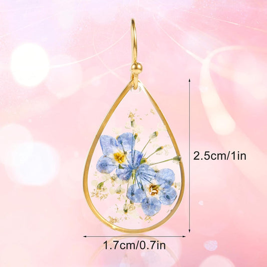 Flower Teardrop Earrings Forget Me Not 14K Gold Plated Dangle Elegant Sweet Pressed for Women Girls Tear Drop V1259-DP01-A-4889