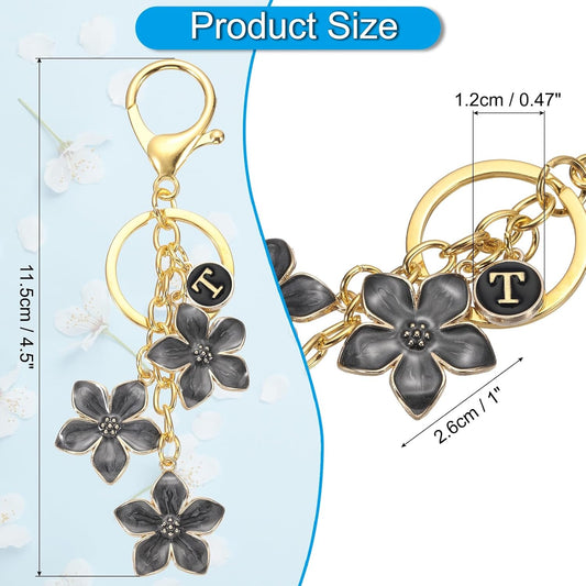 Initial Letter Flower Keychain, Alphabet Drip Oil Charm Cherry Blossom Keyring Keys for Birthdays Black - V1259-DP01-A-5155