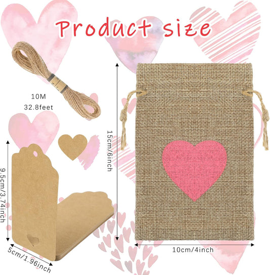 24 Pieces Valentine's Day Heart Burlap with Drawstring Present Bags 4 x 6 Inch Mini Rustic Pouches Small V1259-DP01-A-5591
