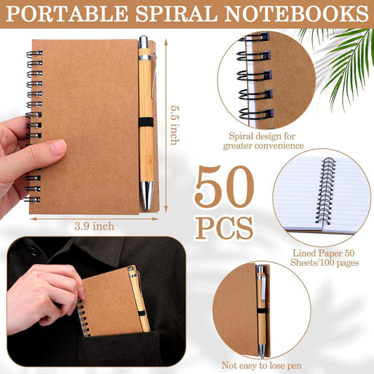 50 Set Notebook with Pen Bulk Appreciation Gifts, Spiral Kraft Pocket Notebooks Lined Journal Thank You Gifts V1259-DP01-A-5613