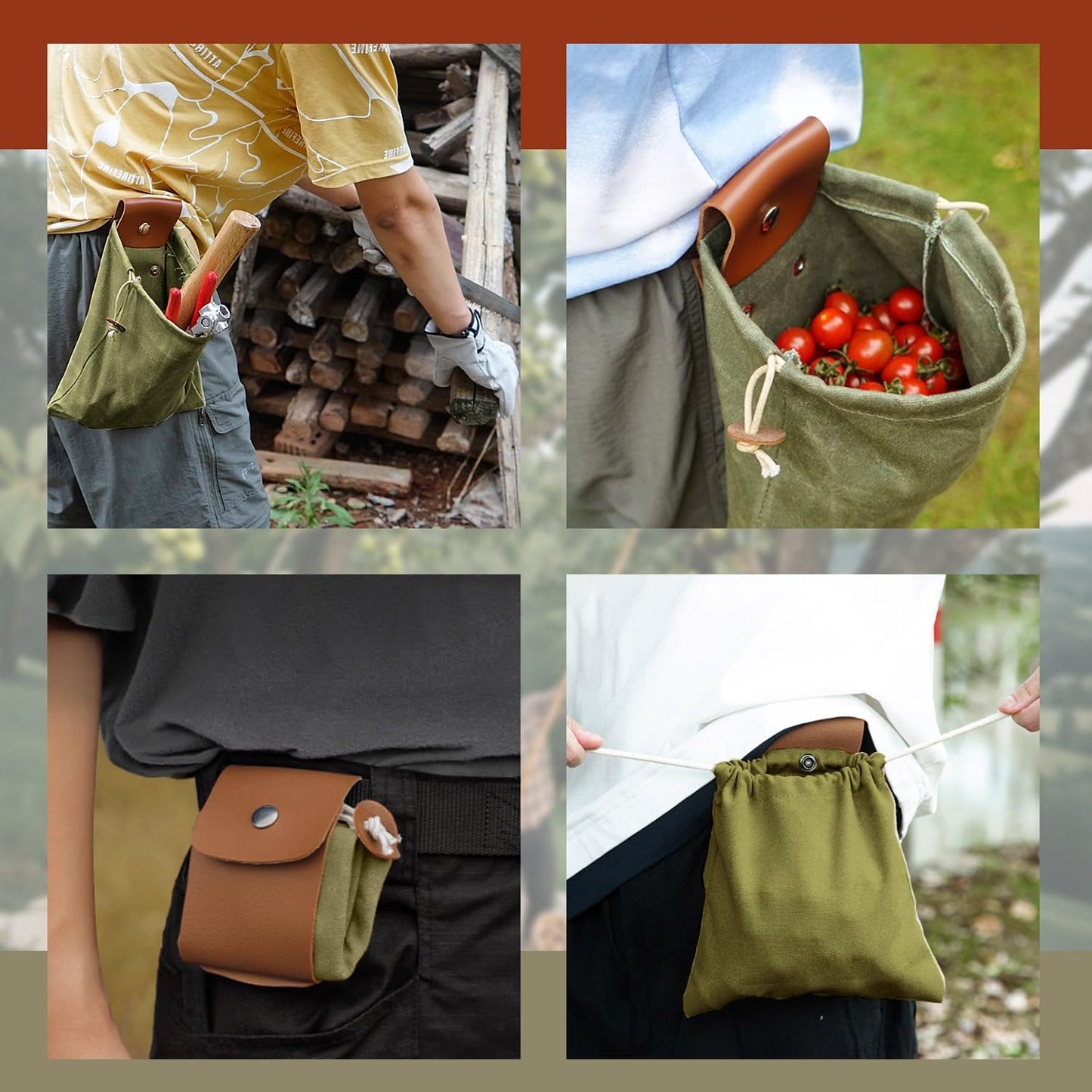 Foraging Bag Foldable Canvas Waist Pack for Outdoor Picking, Camping & Hiking, Belt Pouch with Drawstring V1259-DP01-A-598