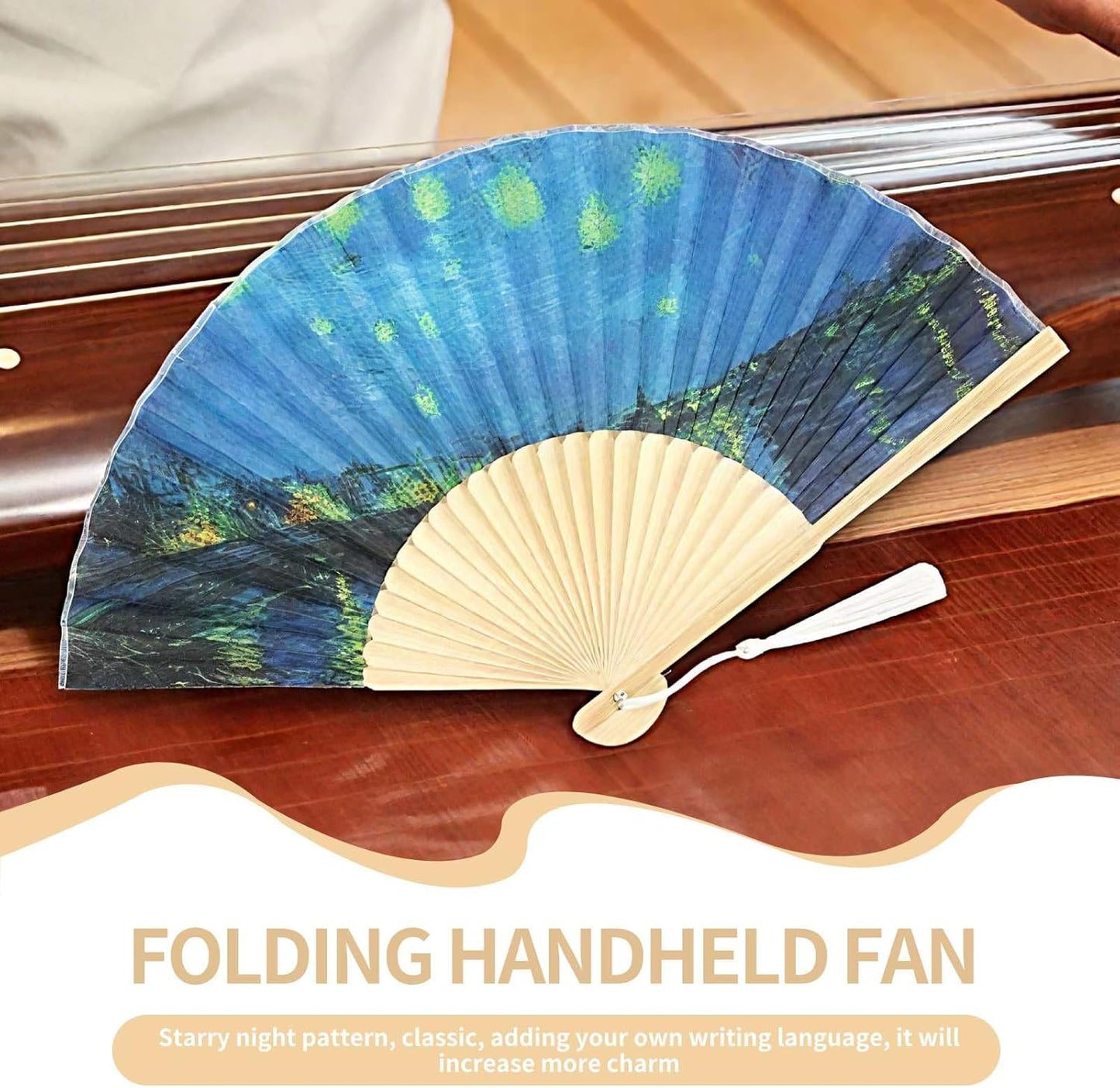 Foldable Hand Fan, 2PCS Held Silk Folding Fan Chinese Handheld with Frames Decorative Starry Night Pattern V1259-DP01-A-804