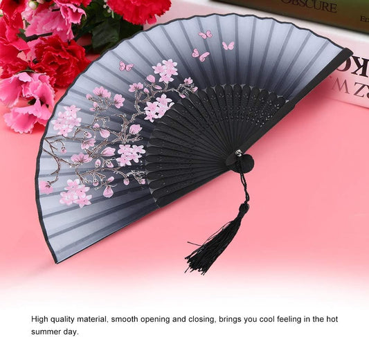 Hand Held Folding Fans, Floral Fans Handheld Paper Fan with Tassel Vintage Hollowed Holding for Dance Props V1259-DP01-A-813