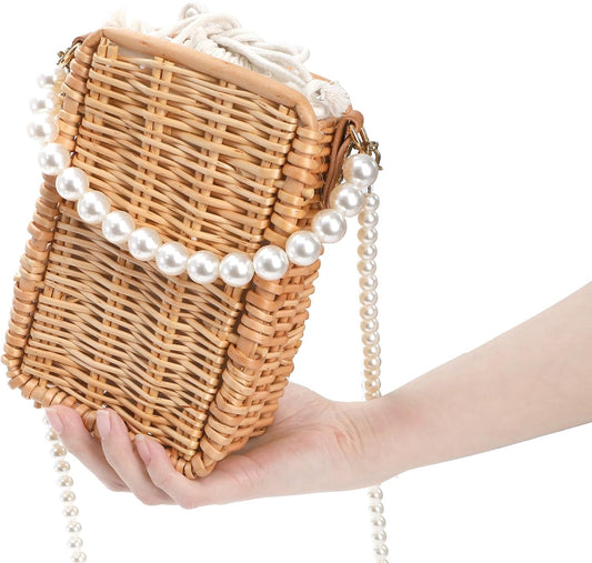 Pearl Basket Purse, Handwoven Rattan Beach Bag For Women, Rectangular Wicker Handbag, Vintage Summer Straw V1259-DP01-A-856