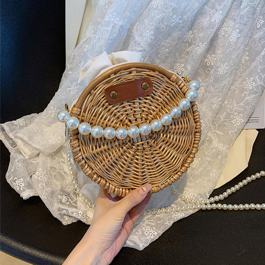 Round Rattan Bag, 8" Hand-woven Wicker Basket Purse, Boho Crossbody Handbag With Pearl Strap Handle, Retro V1259-DP01-A-857