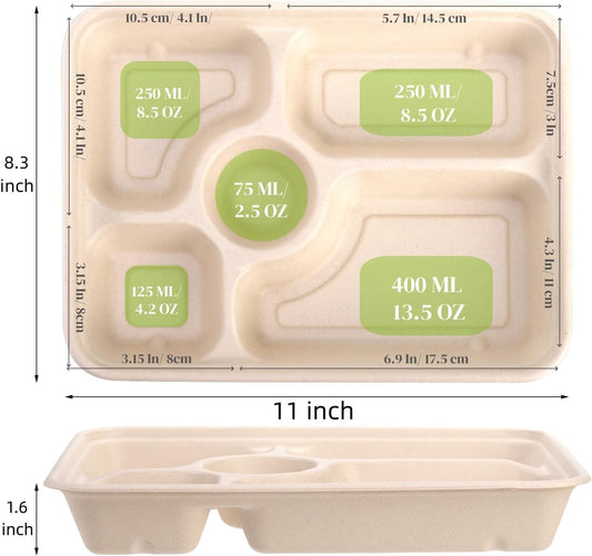 50 Pack 5 Compartment Disposable Paper Plates, 11" x 8" Compostable Bagasse School Lunch Tray, Heavy-Duty V1259-DP01-A-896