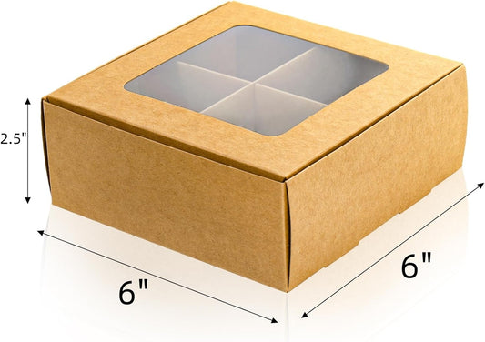40 Pack Brown Bakery Boxes with Window and Dividers, 6 x Inch Mini Pastry 4 Compartments, Kraft Treats Gift V1259-DP01-A-924