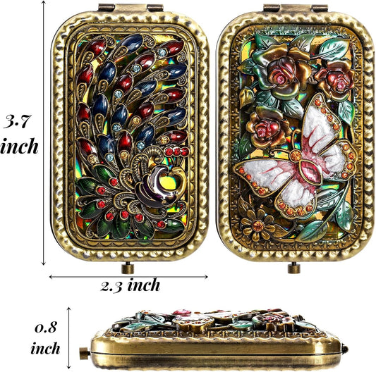 2 Pcs Vintage Foldable Makeup Mirror, Portable Cosmetic Pocket Double Sided Butterfly Peacock Vanity Metal V1259-DP01-A-970