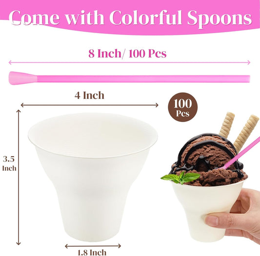 100 Pack Snow Cone Cups and Straws, 12 OZ Paper Cup with Colorful Spoon Straw, Leak-proof Shaved Ice Holder, V1259-DP01-A-988