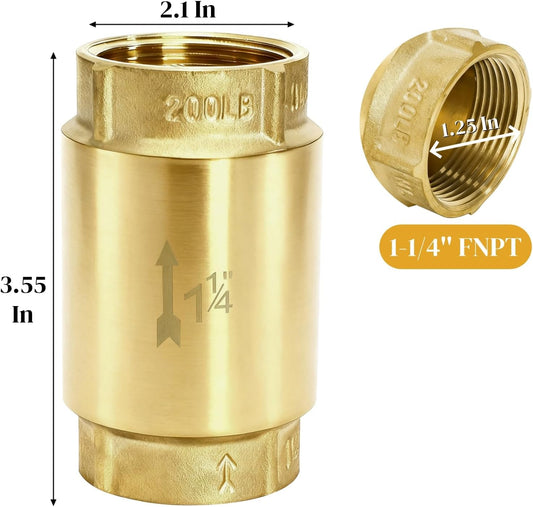 1-1/4 Inch Brass Check Valve, Universal One Way In Line Valves with Backflow Prevention, No Return Female V1259-DP01-A-990