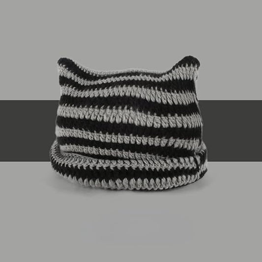 Kitten Hat - Cat Ear Hat - Black, White and Grey - Knitted Beanie - Rimless Beanie - Vintage - Ladies' V1259-DP01-BO-149