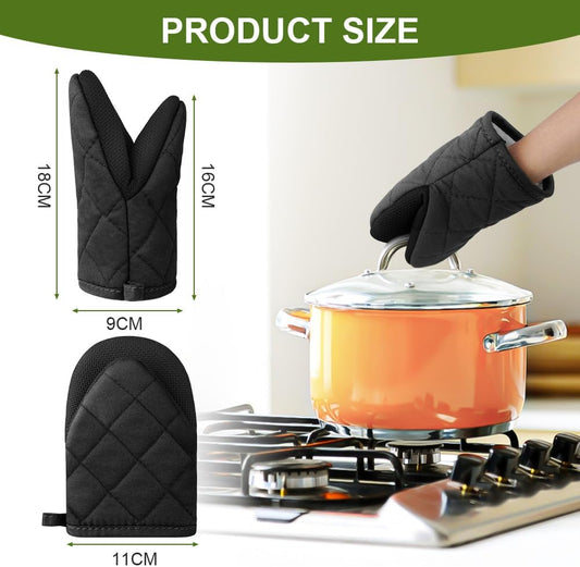 1 pair of short oven mitts made of neoprene cotton - black - with non-slip surface and hanging loop - V1259-DP01-BO-195