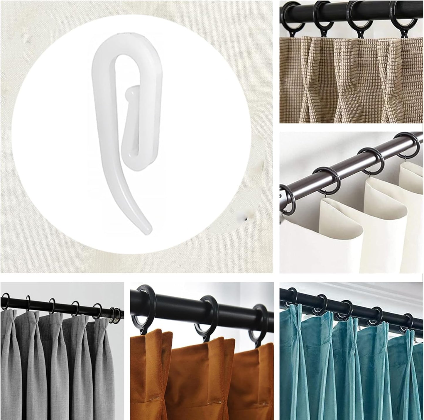 White plastic hooks for windows and door curtains - curtain hooks - suitable for windows, doors and shower V1259-DP01-BO-267