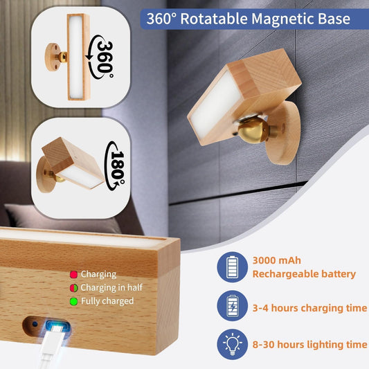 Indoor wall lamp - Wooden LED wall lamp with wireless charging - Bedroom wall lamp - 360 degrees rotating V1259-DP01-BO-507