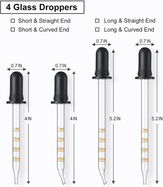 4 Pack, 1 mL Glass Eye Dropper with Measurement - Long & Short, Bent & Straight Tip Calibrated Glass Medicine V1259-DP01-D-132