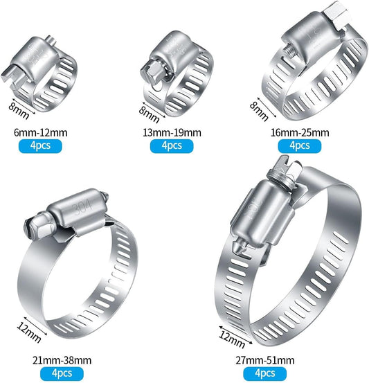 20Pcs Adjustable Stainless Steel Hose Clamps Assortment Kit, 1/4-2 in (6-51mm) Worm Gear Pipe, uel LineHeavy V1259-DP01-D-266