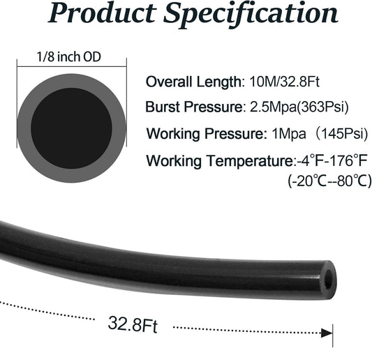 Biaungdo 1/8" OD Pneumatic Tubing Pipe, Black PU Air Brake Hose Line for Air Compressor Fitting, Water Fluid V1259-DP01-D-34