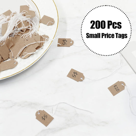 Biaungdo 200 Pcs Brown Price Tags with String Attached, 15x25mm/0.59x1inch Small Writable Label Tags Kraft V1259-DP01-D-97