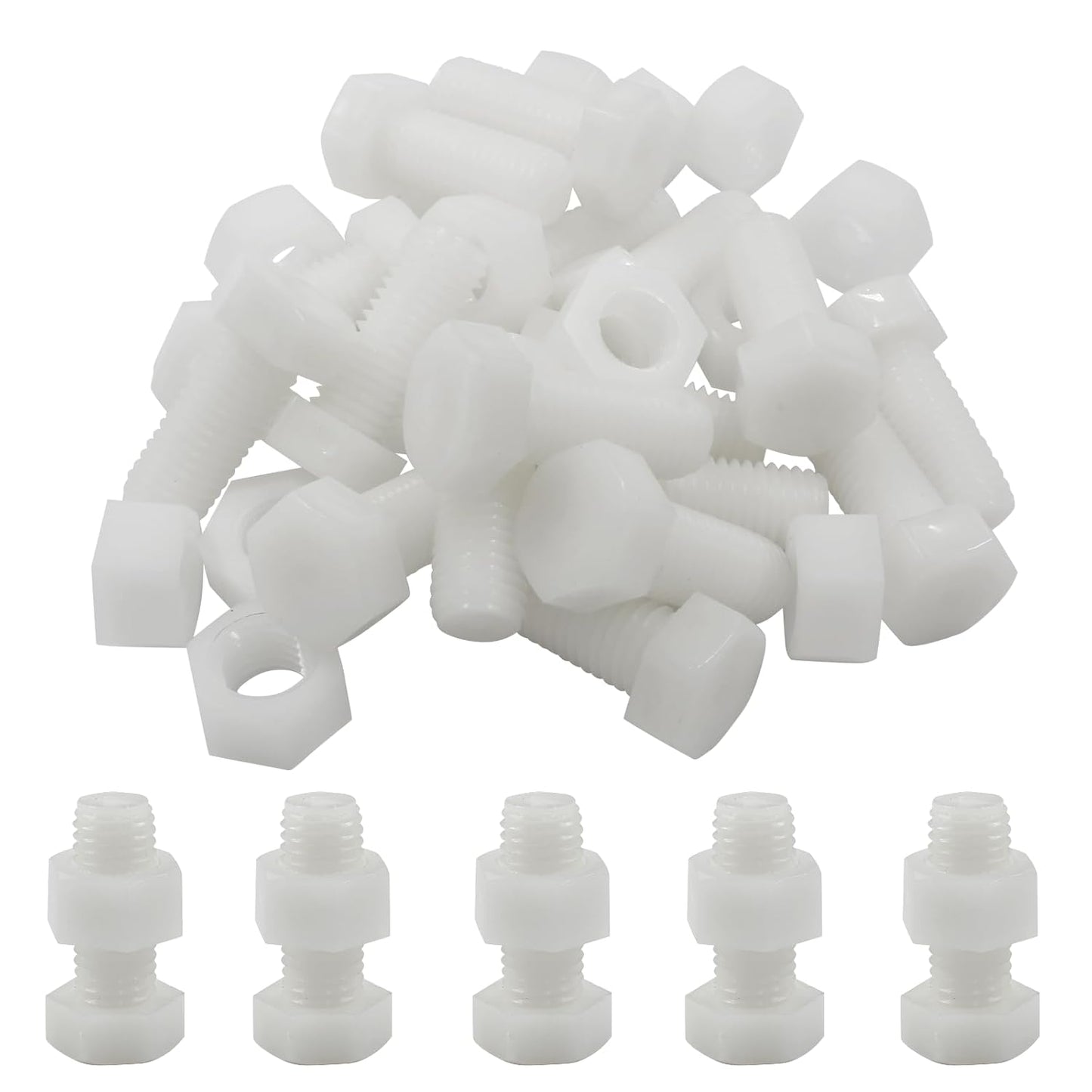 Biaungdo 20 Pair M12 x 30mm Nylon Hex Bolts, White Plastic Hex Bolts Full Thread Hex Head Screws and Nuts Set V1259-DP01-E-34