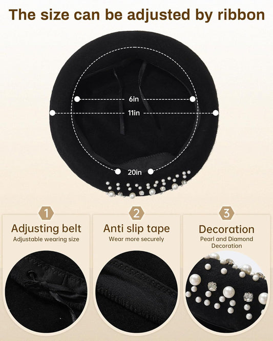 Classic rench Wool Beret with Pearl & Rhinestone Embellishments, Beanie Cap Style Hat or Women and Girls V1259-DP01-E-538