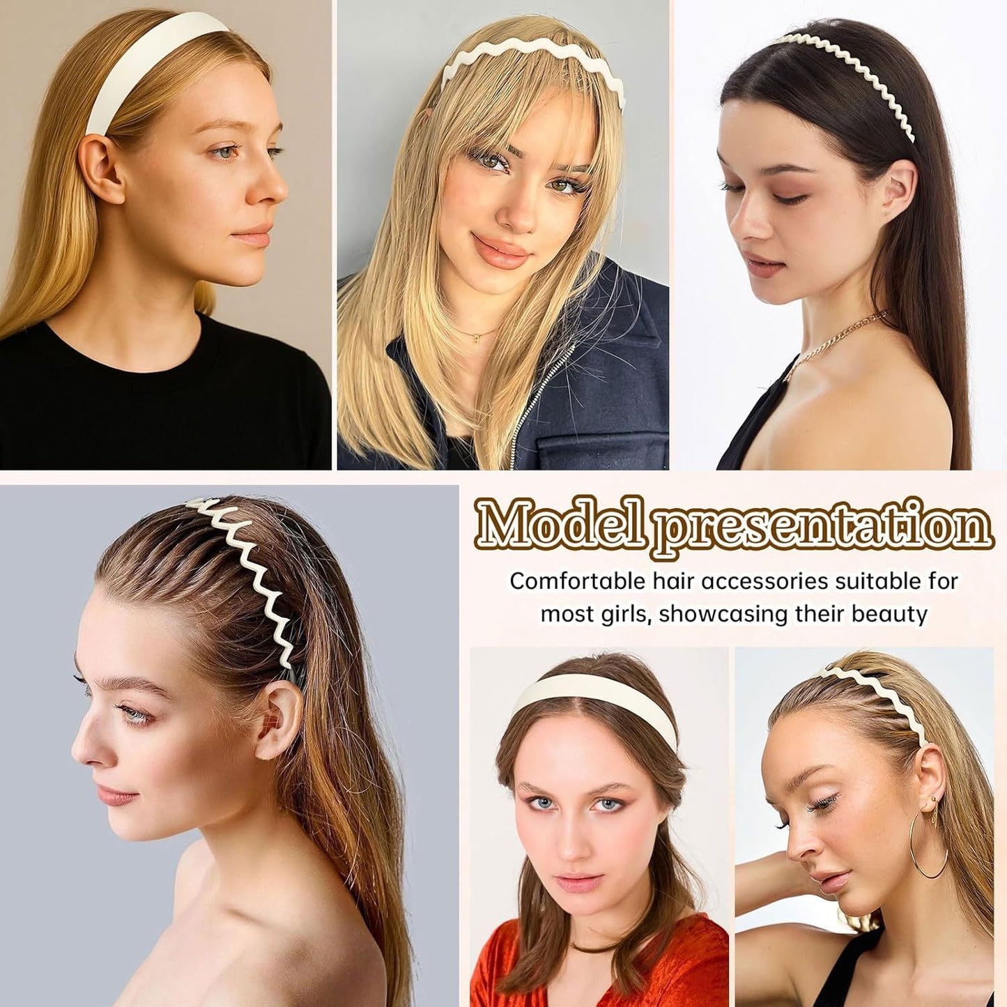 Plastic Matte Zig Zag Headbands or Women, Non Slip with Teeth, 8 Pack (Cream, One size) V1259-DP01-E-545
