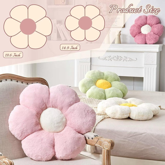Pink Flower Pillow, Cute Decorative Flower Shaped Throw Pillow with Faux Rabbit Fur, 14.9" Soft Flower Plush V1259-DP01-E-74