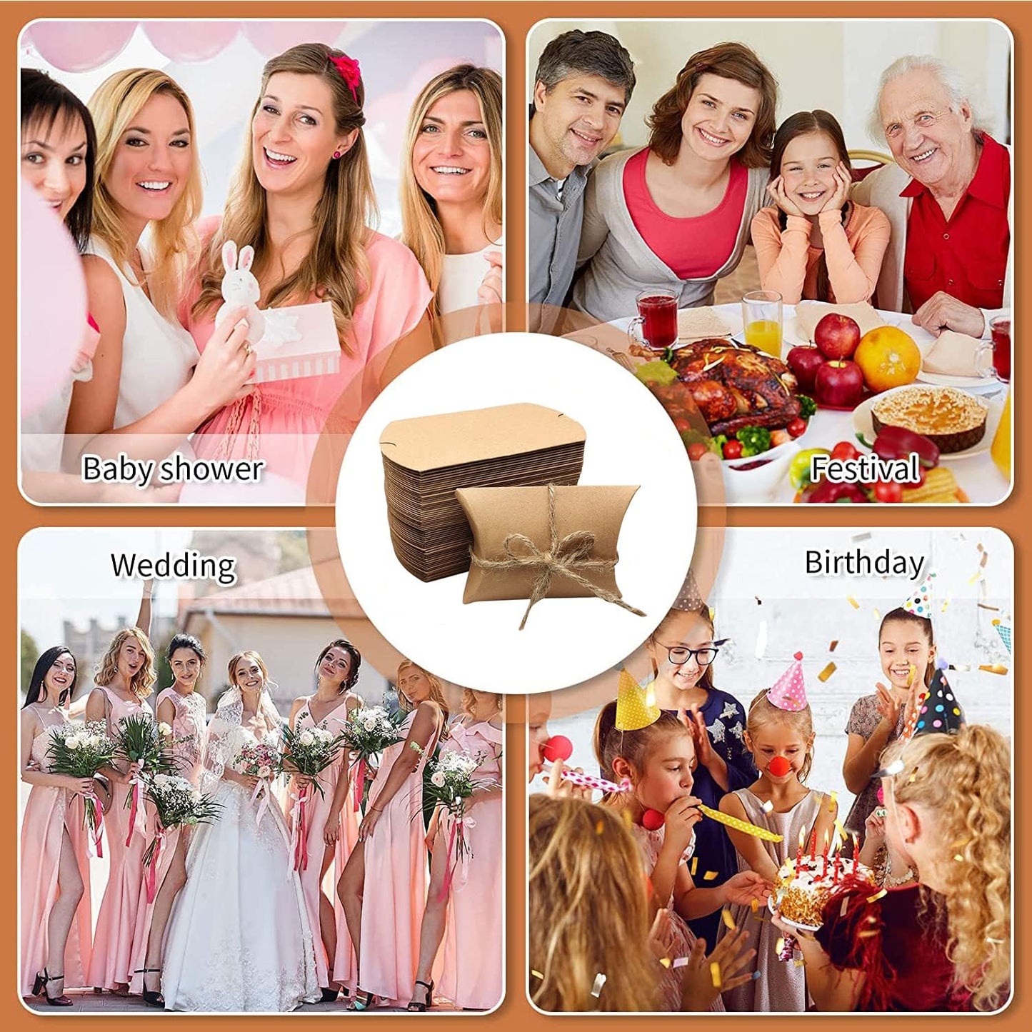BallHull Kraft Paper Pillow Candy Box, Foldable Gift Box with Jute Rope for Weddings, Parties, Birthdays, V1259-DP01-E-83