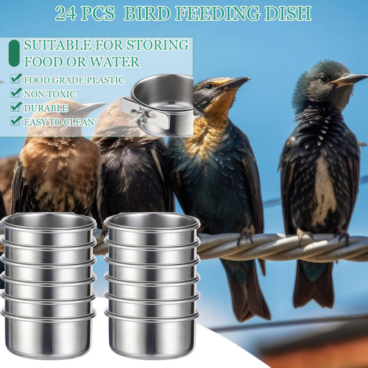 24 Pcs Stainless Steel Parrot Food Bowls Bulk 10 oz Bird Feeding Dish Cups for Cages Bird Bowls with Clamp V1259-DP01-F-134