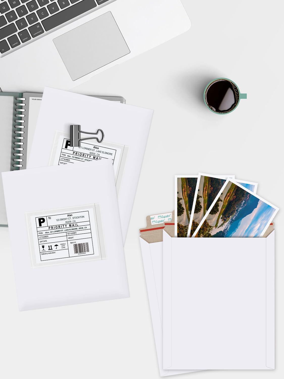 Eupako 9x11.5" 25 Pack Photo Document Mailer White Stay Flat Self-Seal Cardboard Envelopes for CDs, Pictures, V1259-DP01-F-45