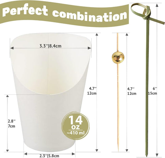 50pk 14oz White Charcuterie Cups with 200 Sticks (2 Types) - Wide Enlarged Top Cutout or Better Display - V1259-DP01-F-506