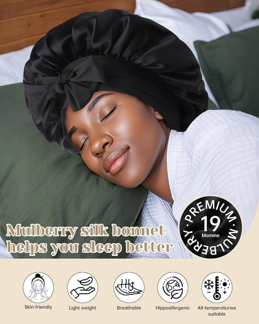 100% Mulberry Silk Hair Bonnet or Women Sleeping with Tie Band 19 Momme Silk Sleep Cap Night (US, Alpha, One V1259-DP01-F-566
