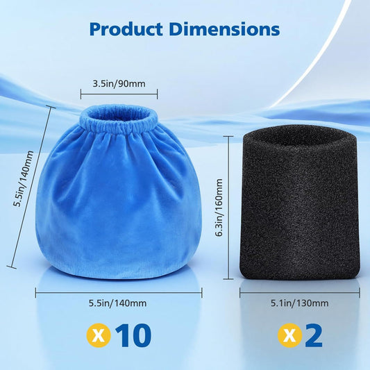 10 Pack VRC2 Cloth ilters or Vacmaster 1.5-3.2 Gallon Wet/Dry Vacuums, Compatible with Armor All 1.5 & 2.5 V1259-DP01-F-579