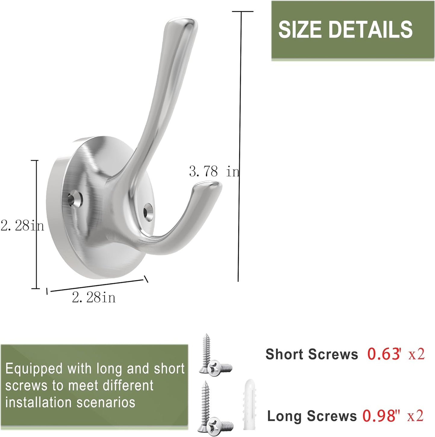 Brushed Nickel Wall Hooks Towel Hooks, 2 Pack Coat Robe Hook Heavy Duty Bathroom Double Hook Wall Mounted, V1259-DP01-F-65