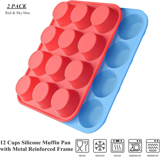 Bangp 2Pack Silicone Muffin Pans for Baking with Metal Reinforced Frame,12 Cup Regular Size Cupcake V1259-DP01-F-73