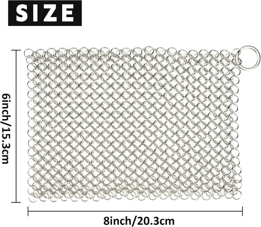 Cast Iron Cleaner 8"x6" 316L Stainless Steel Chainmail Scrubber Scraper Chain Mail Link Scrub for Pans, V1259-DP01-G-00009