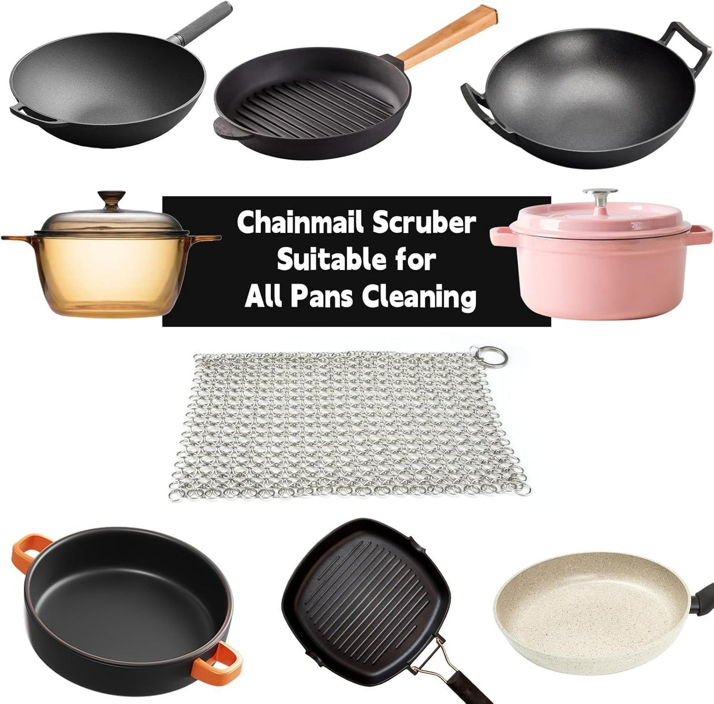 Cast Iron Cleaner 8"x6" 316L Stainless Steel Chainmail Scrubber Scraper Chain Mail Link Scrub for Pans, V1259-DP01-G-00009