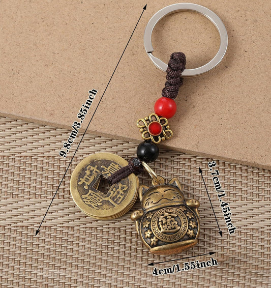 Lucky Cat Keychain, with Five Emperors Money Feng Shui Coins, Maneki Neko Good Luck Charms Lucky Tassel, V1259-DP01-G-00017