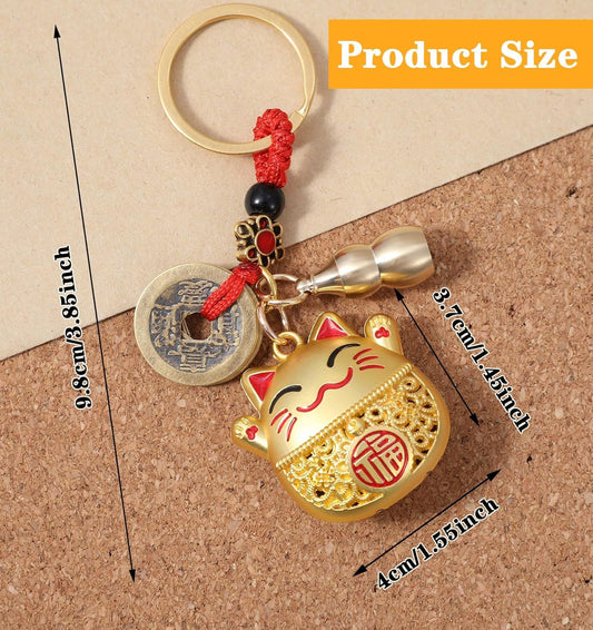 Lucky Cat Keychain, Good Luck Keychain with Feng Shui Coins, Tassel & Gourd, Maneki Statue Charm for Good V1259-DP01-G-00018