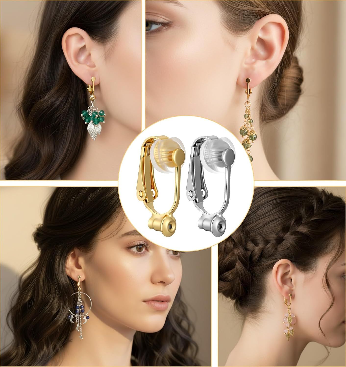 10PCS Earring Converters, Clip on Earring Converter with 6 Silicone Pads for Non-Pierced Ears, (Silver & Gold) V1259-DP01-G-00041