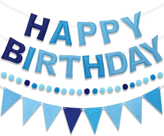Pre-Strung Happy Birthday Banner & Felt Garland Set - Ombre Blue Birthday Decorations for Women Men Boys V1259-DP01-G-00100