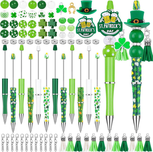 12 Set St Patricks Day Beadable Pens Plastic Bead Pens Clover Green Bulk Ballpoint DIY Crafting Pens Making V1259-DP01-G-00105