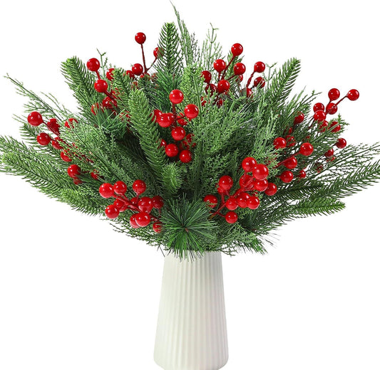 60 PCS Artificial Pine Branches Christmas Faux Pine Greenery Stems Red Holly Berries Fake Cedar Pine Needles V1259-DP01-H-00090