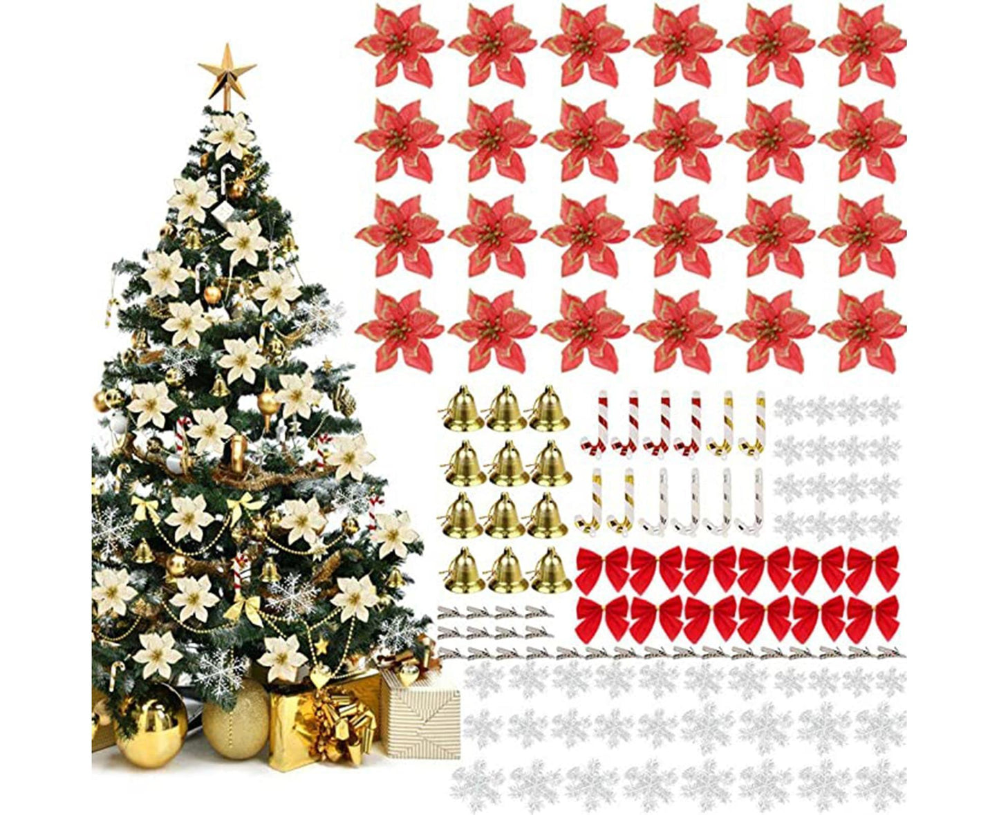 120Pcs Christmas Artificial Flower Bowknot Canes Bells-Red V1263-JX-1007