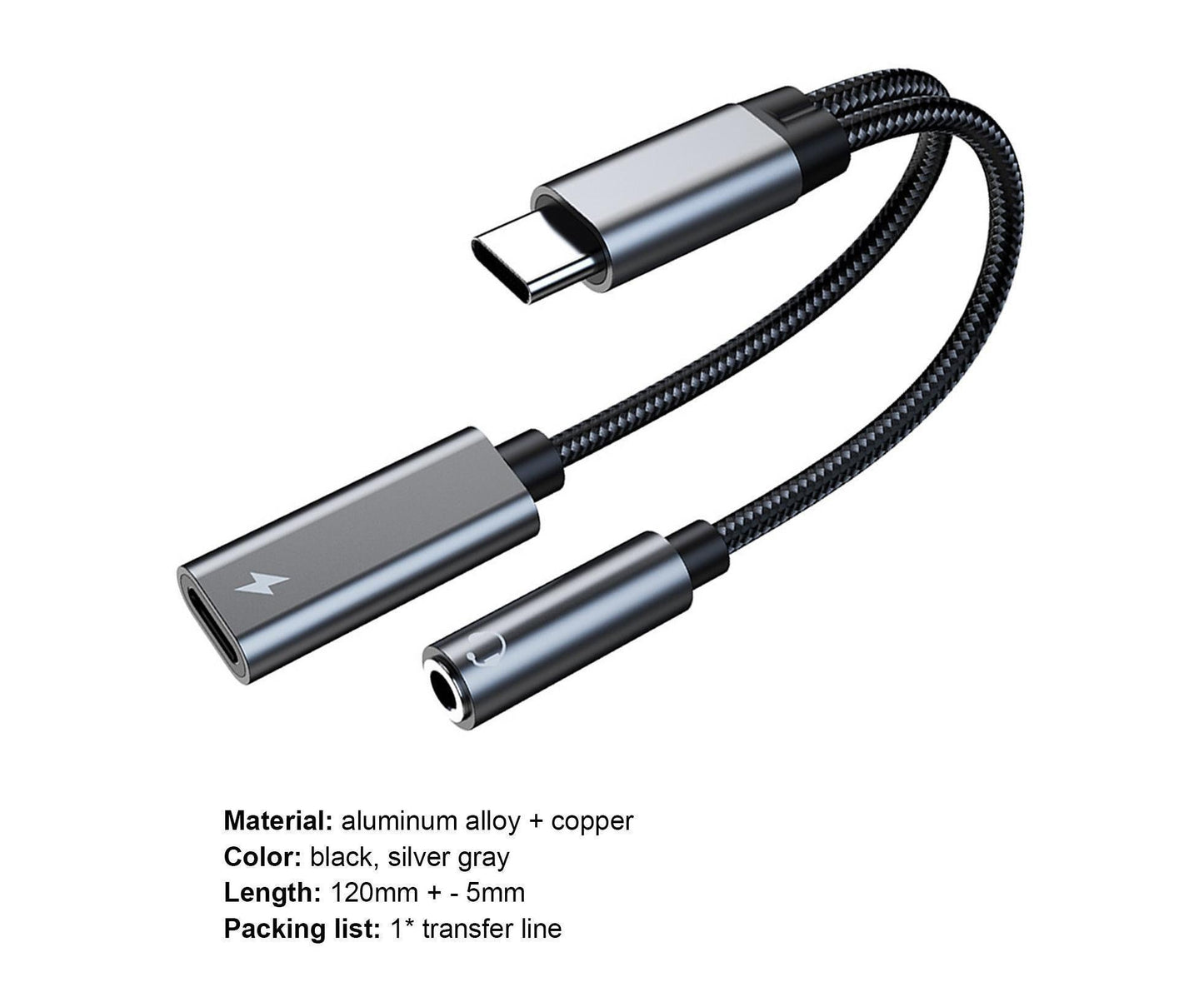Converter Cable Multifunctional Noise Reduction Braided 2 in 1 Type-C to 3.5mm PD60W Converter Wire for V1263-JX-1067