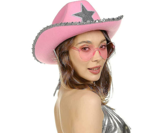 Cowboy Hat Pink Cowgirl Hat With Heart Glasses - Pink Cowboy Hat With Silver Sequin Star - Halloween Decor Cow V1263-JX-1160