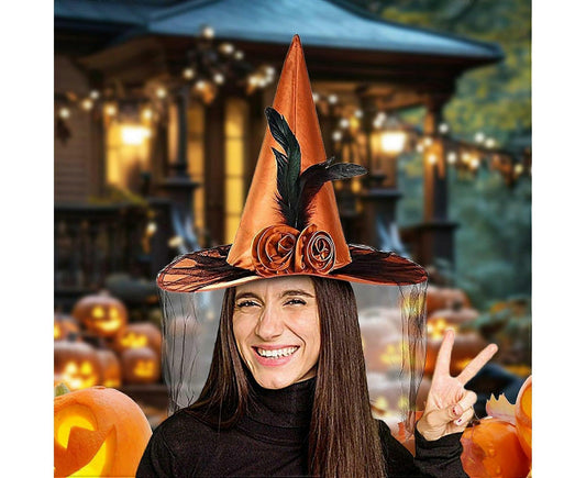 Witches Hats for Women, Cosplay Hats Halloween Hat, Wide Brim Hat, Hats with Half Veil V1263-JX-1203